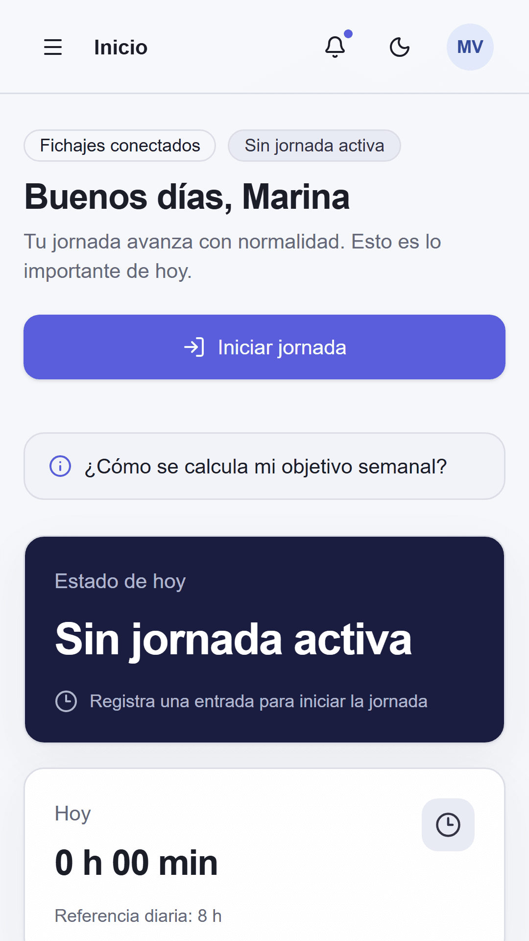 Pantalla de fichaje de Registria en un móvil